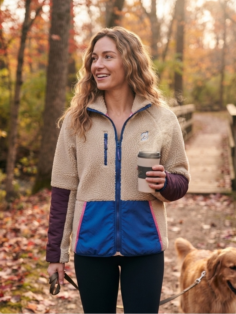 Peloton Women's Beige Sherpa Jacket with Blue Contrast Panels Size:M